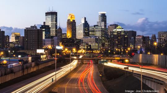 Minneapolis Skyline with Car Light Trails