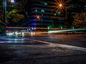 Light Trails On Road In City At Night