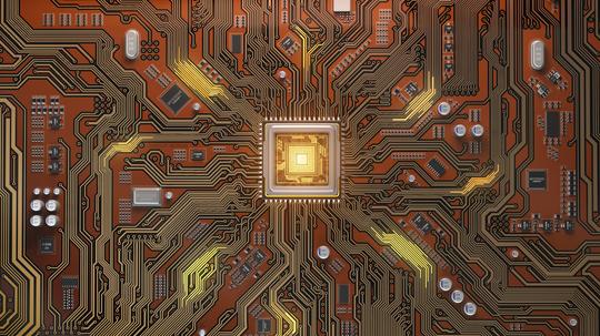 Circuit board with CPU.  Motherboard system chip with glowing processor. Computer´s technology and internet concept.