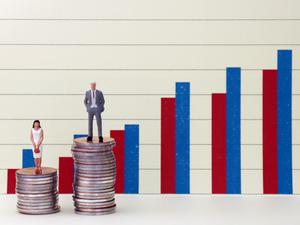 A miniature man and woman standing on a pile of coins in front of a bar graph. The concept of the wage gap between men and women in the workplace.