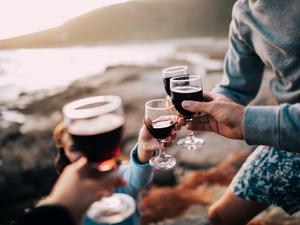 Midsection Of Friends Toasting Wineglasses