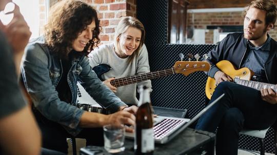 Band rehearsal in a small record studio