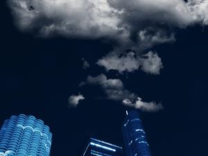 Full moon over buildings in Chicago, Illinois, USA