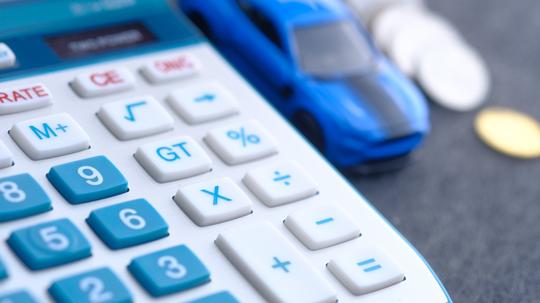 calculator, coins and car on desk