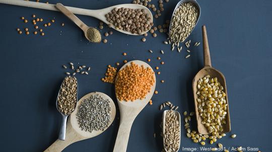 Red lentils, brown lentils, amarant, wheat, spelt wheat and corn on spoons