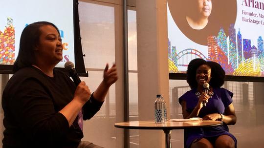 Arlan Hamilton, founder of Backstage Capital, talks with Janice Omadeke, at the 2019 Austin Mosaic Awards. (Photo by Brent Wistrom)