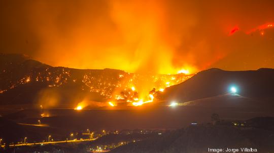 Night long exposure photograph of the Santa Clarita wildfire