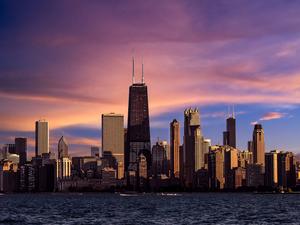 City skyline at sunset, Chicago, Illinois, USA