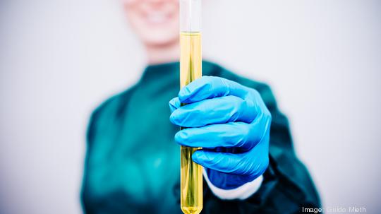 Laboratory technician holding a solution in a test tube.