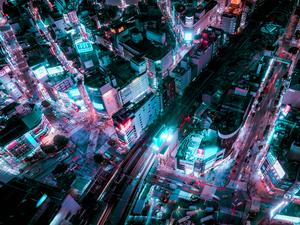 Aerial view of Tokyo Cityscape in Neon Colored tone,Technology futuristic city concept,smart city concept