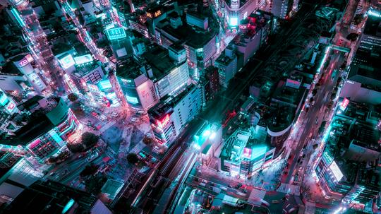 Aerial view of Tokyo Cityscape in Neon Colored tone,Technology futuristic city concept,smart city concept