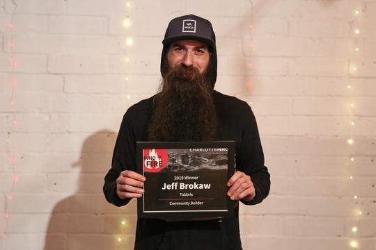 Jeff Brokaw of Tabbris celebrates his award at the Inno on Fire event.