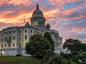 Beautiful Sunrise colors above Rhode Island State House, Providence, RI