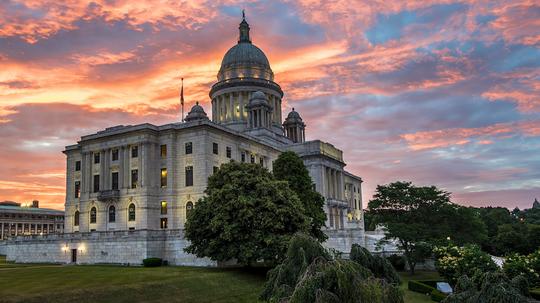 Beautiful Sunrise colors above Rhode Island State House, Providence, RI