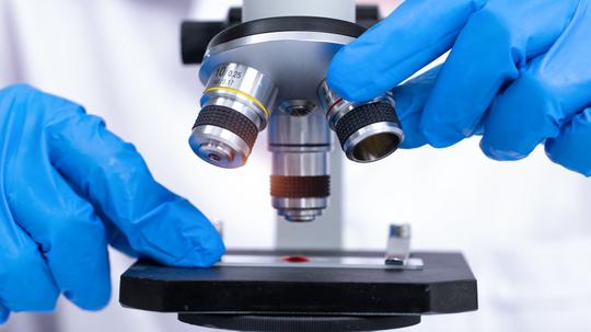 scientist looking through a microscope in a laboratory. Young scientist doing some research.