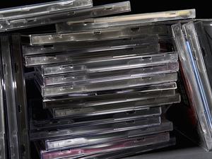 Close-up of a stack of CD cases