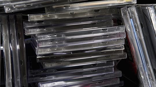 Close-up of a stack of CD cases