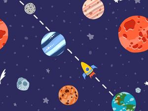 Space pattern with planets and stars. Rocket