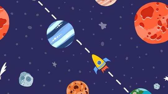 Space pattern with planets and stars. Rocket