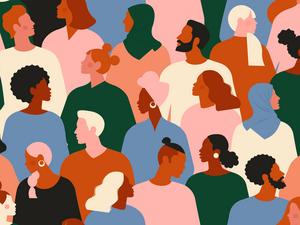 Crowd of young and elderly men and women in trendy hipster clothes. Diverse group of stylish people standing together. Society or population, social diversity. Flat cartoon vector illustration.