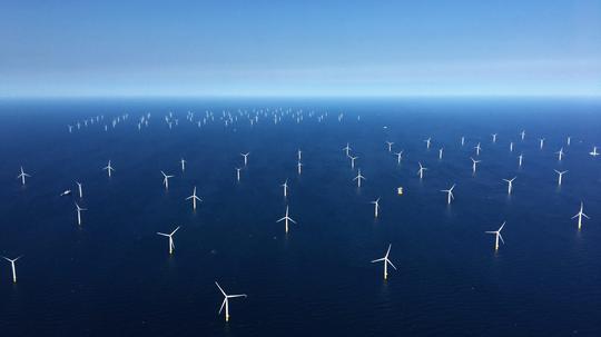 High Angle View Of Wind Turbines In The Sea