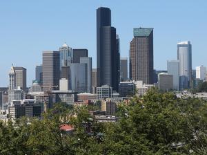 Seattle skyline and Interstate-5 traffic - August 2020