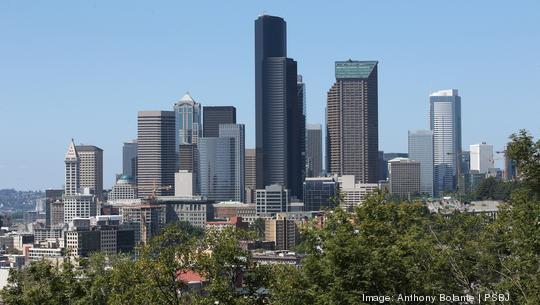 Seattle skyline and Interstate-5 traffic - August 2020