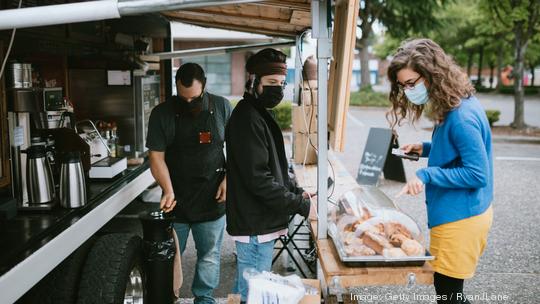 Masked Customer Orders Coffee And Snacks at Food Truck