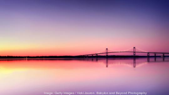 Panoramic View of the Newport Pell Bridge at Sunset