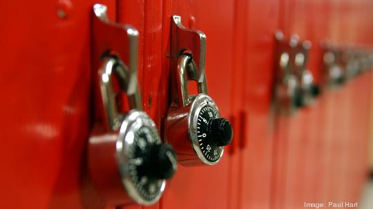 Combination locks on a row of red high school lockers