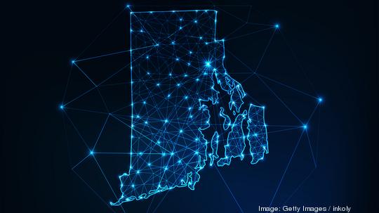 Rhode Island state USA glowing map made of stars lines dots triangles, low polygonal shapes.