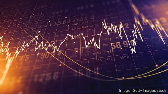 Macro view of a screen of trading terminal with abstract financial graph and digits. Trading and forex concept. 3D Rendering