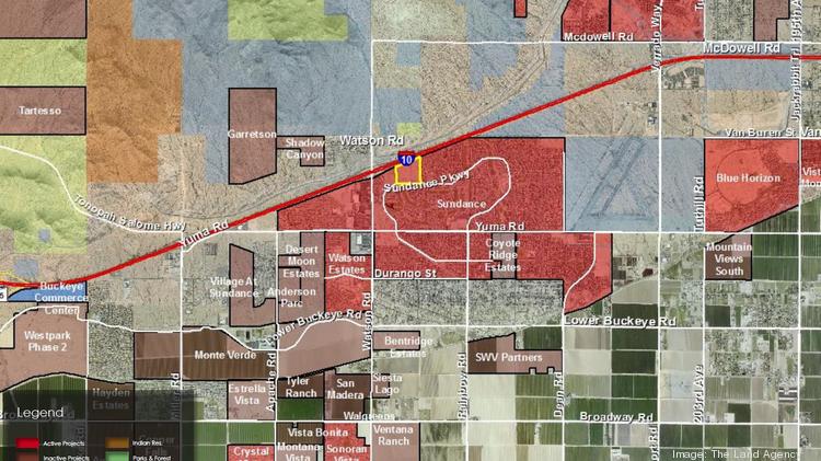 This 37-acre parcel outlined in yellow could be the  first build-to-rent community to be developed in Buckeye.