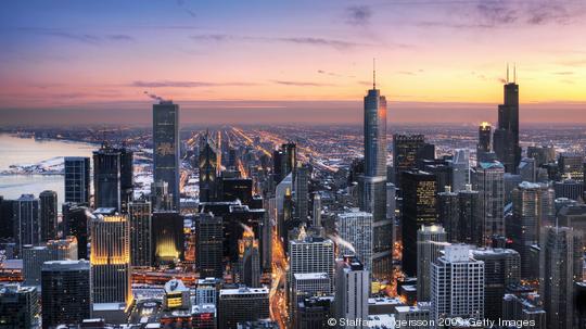 View of Chicago Skyline at sunset