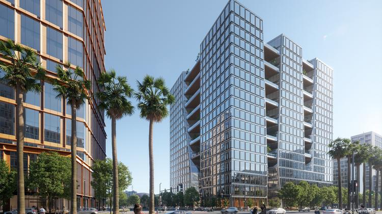 A 19-story Class A office tower, rendered, at 200 Park Ave. in downtown San Jose. On the left side of the rendering is one of six Class A office towers that Jay Paul Co. plans to construct on the site of the existing CityView Plaza across from 200 Park.