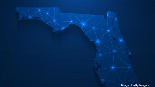 Florida map network - Bright mesh on dark blue background