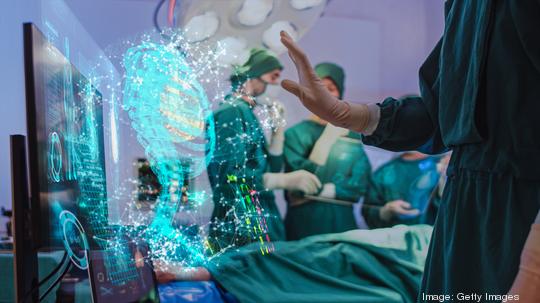 Doctor using hologram modern virtual screen interface Respiratory System in the operating room, innovative and future of medical and healthcare technology