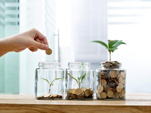 Woman putting coin in the jar with plant