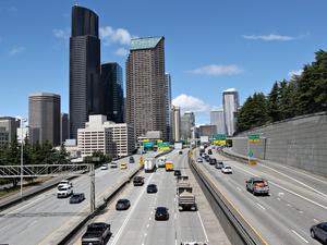 Downtown skyline and midday city traffic in Seattle