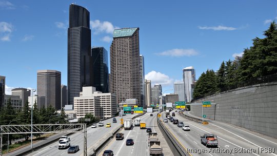 Downtown skyline and midday city traffic in Seattle