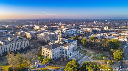 Drone Aerial View of Downtown Columbia, South Carolina, USA