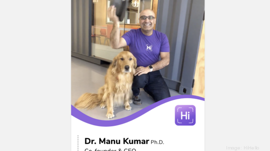 Manu Kumar HiHello business card screenshot