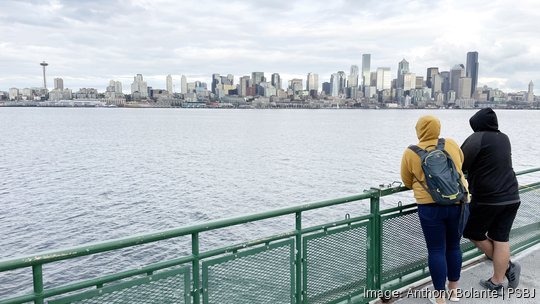 Seattle waterfront and skyline seen from Washington State Ferry