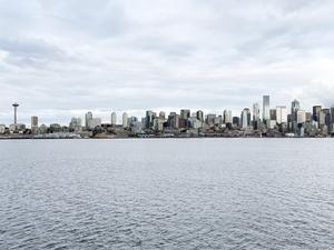 Seattle waterfront and skyline seen from Washington State Ferry