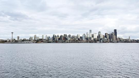 Seattle waterfront and skyline seen from Washington State Ferry