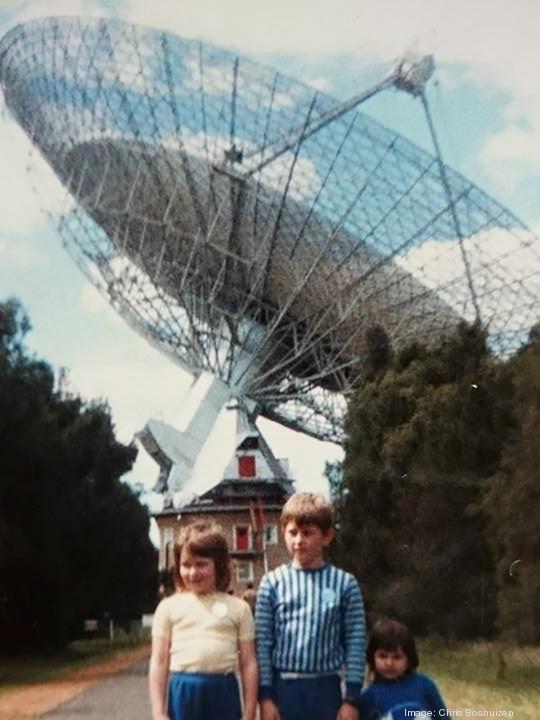 Chris Boshuizen aged 6 with sisters Rosemarie and Charmaine at Parkes Radio Telescope