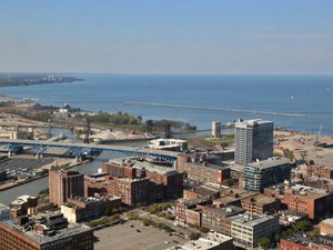 Aerial view of Cleveland, Ohio, showing Lake Erie