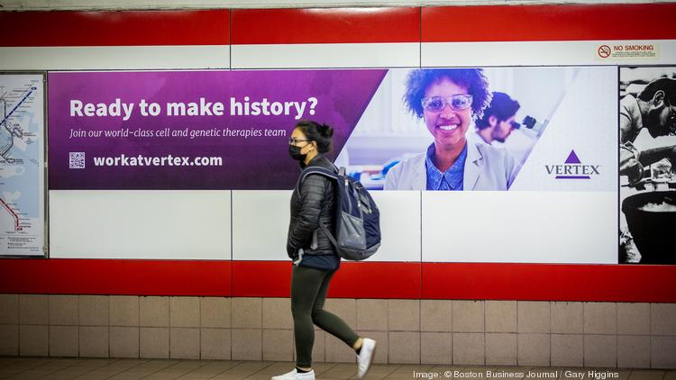 Vertex promotes its availability to potential employees a the Kendall/MIT MBTA station.