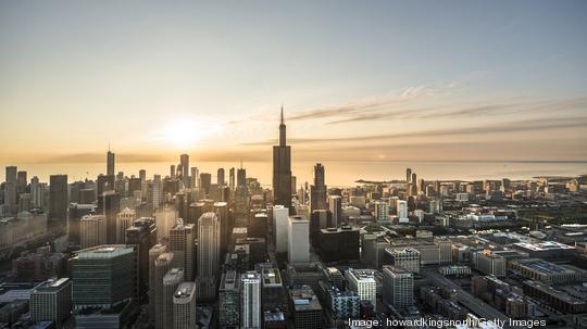 Aerial shot of Chicago waterfront at sunrise