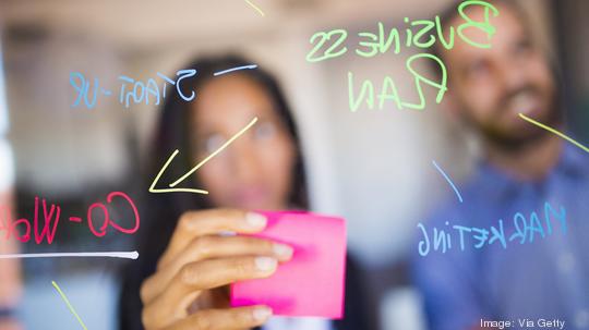 Businessman and businesswoman brainstorming in office